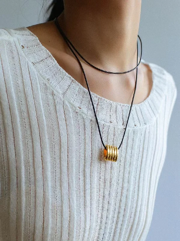 Ladies infinity necklace-Long Black Leather Necklace with Striped Geometric Pendant