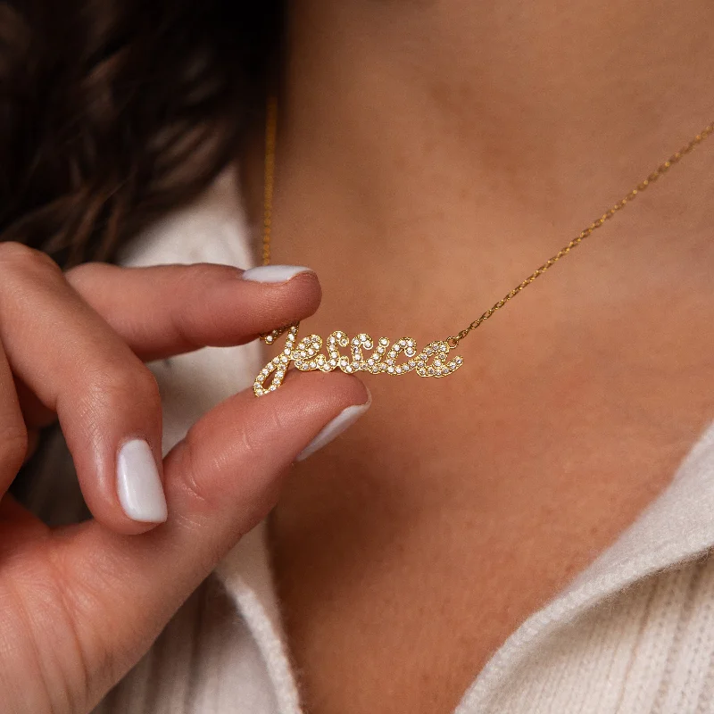 Ladies twisted gold necklace-Pave Handwriting Necklace