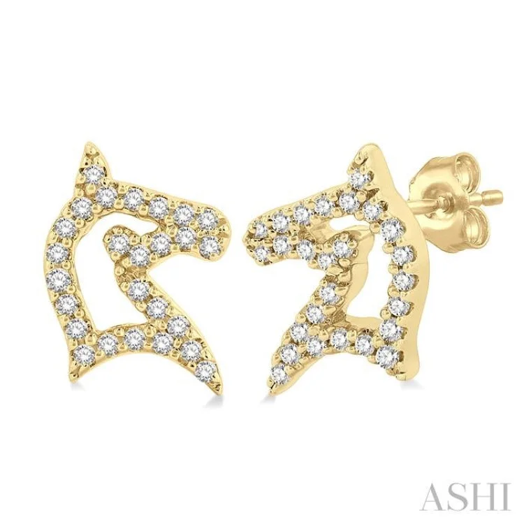 Ladies birthday gift earrings-1/6 ctw Petite Horse Head Round Cut Diamond Fashion Stud Earring in 10K Yellow Gold