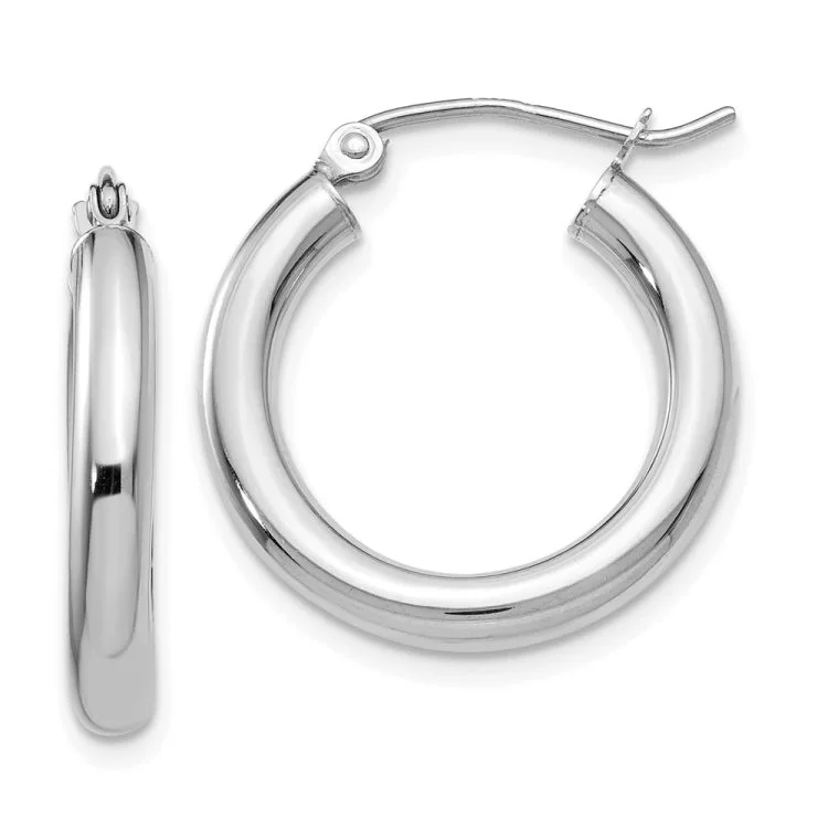 Ladies simple gold earrings-14K White Gold Polished 3mm Tube Hoop Earrings