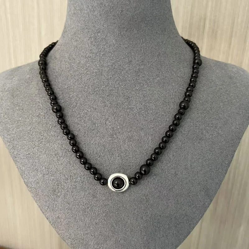 Ladies charm necklace-Tree Hole Design Ebony Bead 925 Sterling Silver Necklace