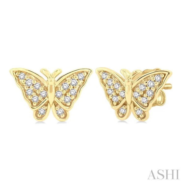 Ladies pearl earrings-1/10 ctw Petite Butterfly Round Cut Diamond Fashion Stud Earring in 10K Yellow Gold