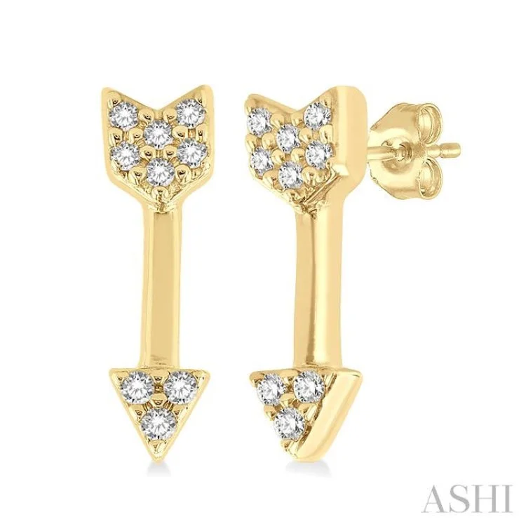 Ladies cubic zirconia earrings-1/20 ctw Petite Arrow Round Cut Diamond Fashion Stud Earring in 10K Yellow Gold