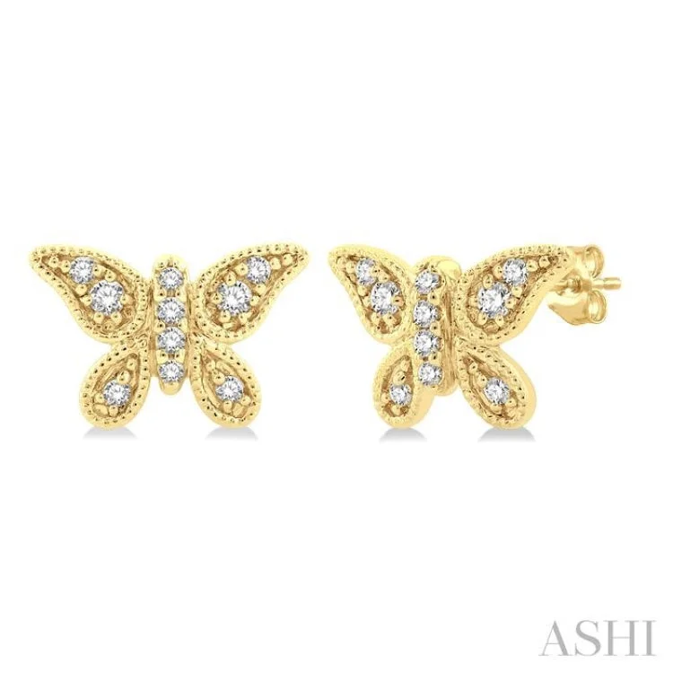 Ladies delicate earrings-1/10 ctw Petite Milgrain Butterfly Round Cut Diamond Fashion Stud Earring in 10K Yellow Gold