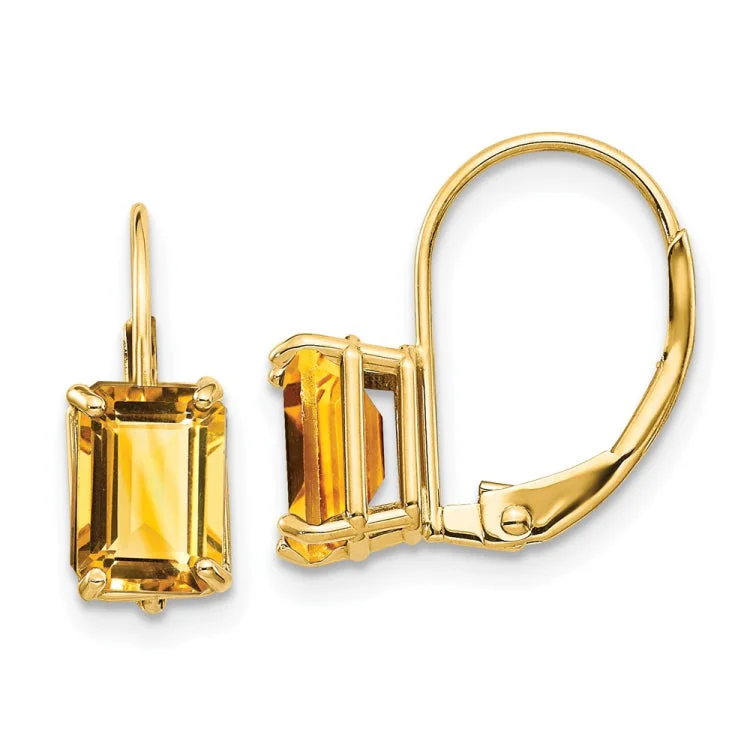 Ladies chic hoop earrings-14k 7x5mm Emerald Cut Citrine Leverback Earrings