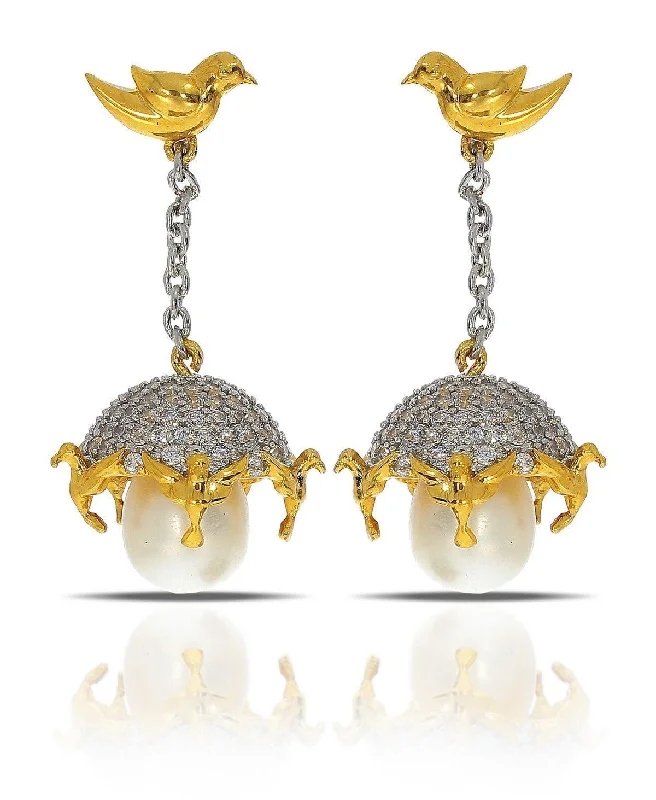 Ladies fashion earrings-Traditional Bird Stone Studded Pearl Hanging Earrings