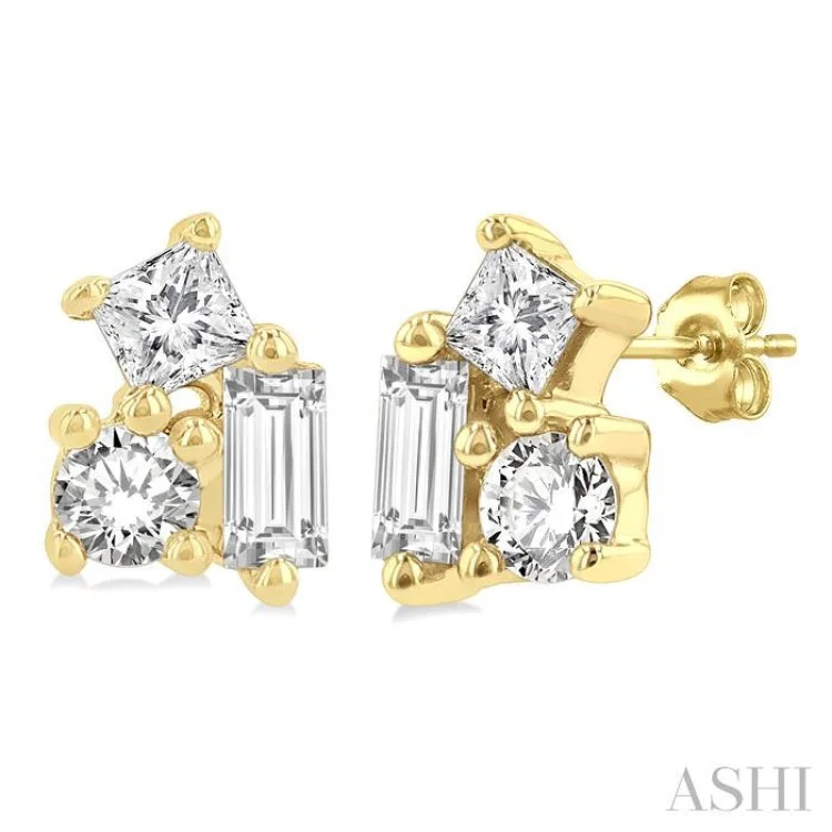 Ladies diamond earrings-1/6 ctw Petite Tri-Stone Scatter Princess, Baguette & Round Cut Diamond Fashion Stud Earring in 10K Yellow Gold