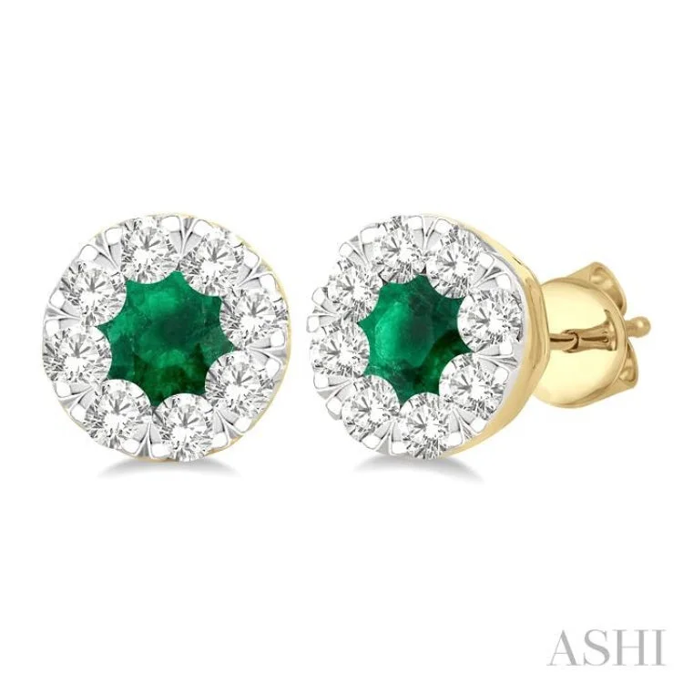 Ladies silver stud earrings-1/2 ctw Lovebright 3.3MM Emerald and Round Cut Diamond Precious Stud Earring in 14K Yellow & White Gold