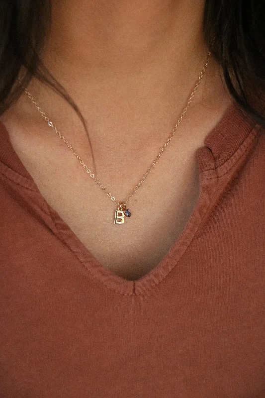 Ladies simple silver chain necklace-letter charm + birthstone { silver + gold }