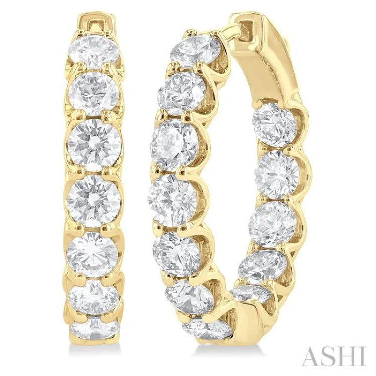 Ladies gemstone earrings-5 Ctw Inside-Out Round Cut Diamond Hoop Earrings in 14K Yellow Gold