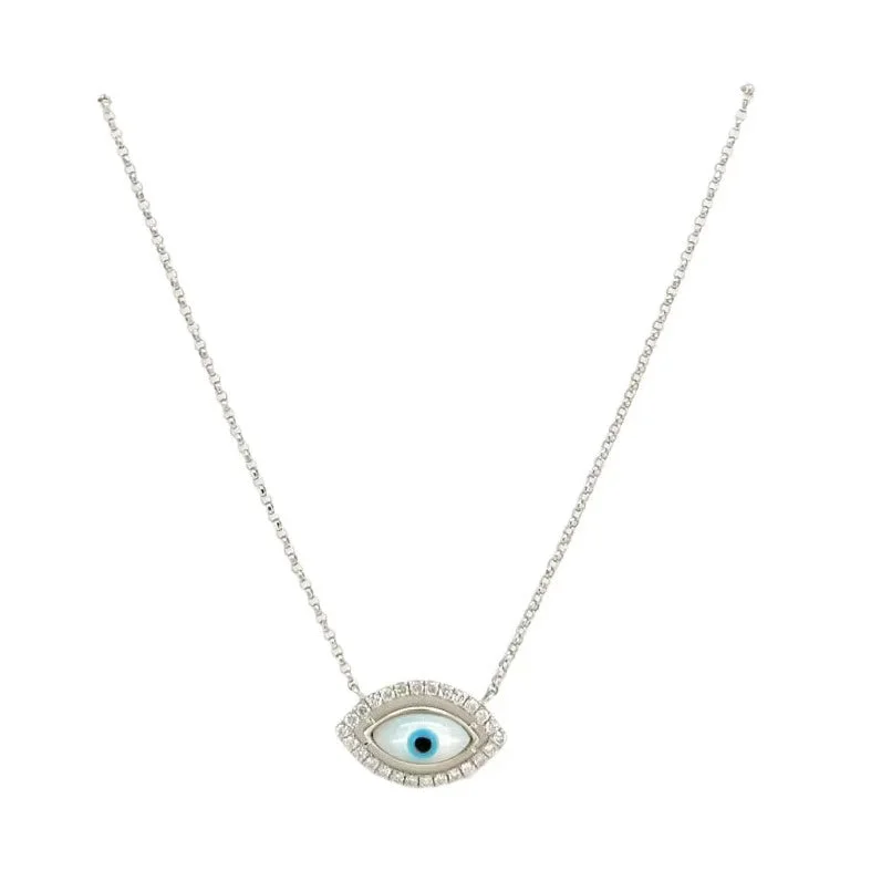 Ladies silver necklace-MOTHER OF PEARL DIAMOND EVIL EYE NECKLACE