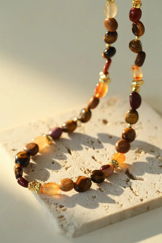 Ladies personalized necklace-Broken Tiger's Eye Natural Stone Beaded Necklace