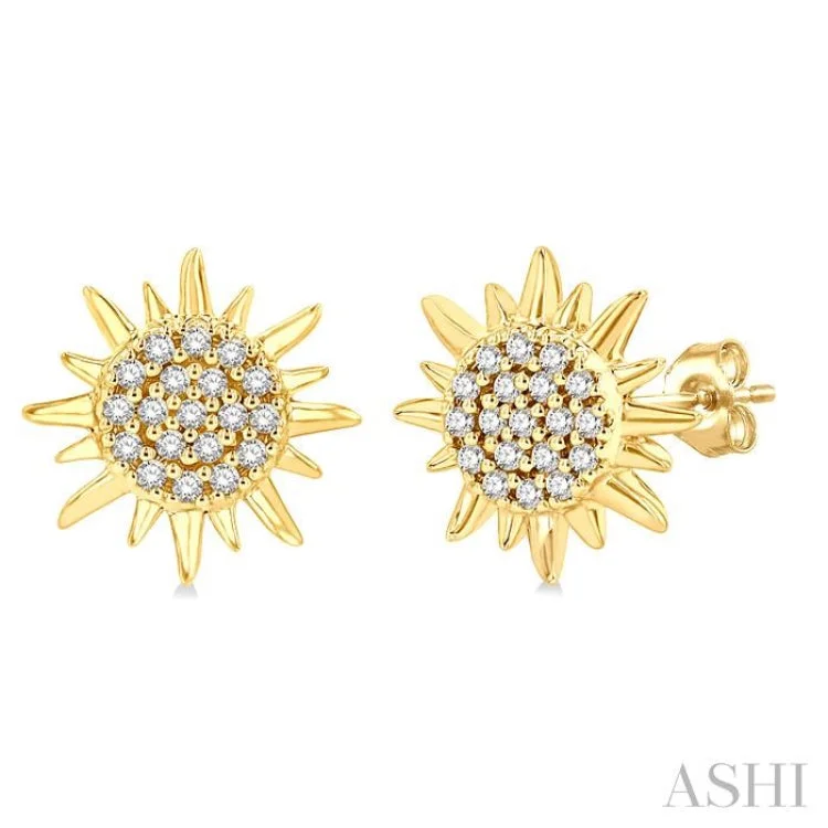 Ladies adjustable earrings-1/8 ctw Petite Sun Round Cut Diamond Fashion Stud Earring in 10K Yellow Gold