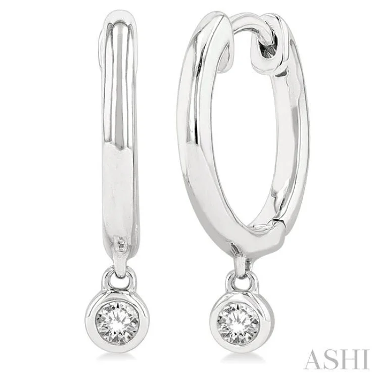 Ladies luxury diamond earrings-1/10 ctw Petite Bezel Drop Round Cut Diamond Fashion Huggies in 10K White Gold