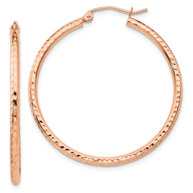 Ladies bridal drop earrings-14k Rose Gold Polished Lightweight Large Diamond-cut Tube Hoop Earrings