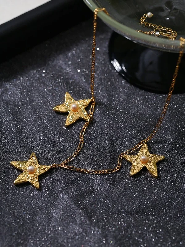 Ladies gold chain necklace-Dazzling Stars Pentagram Planet Element Necklace Gold