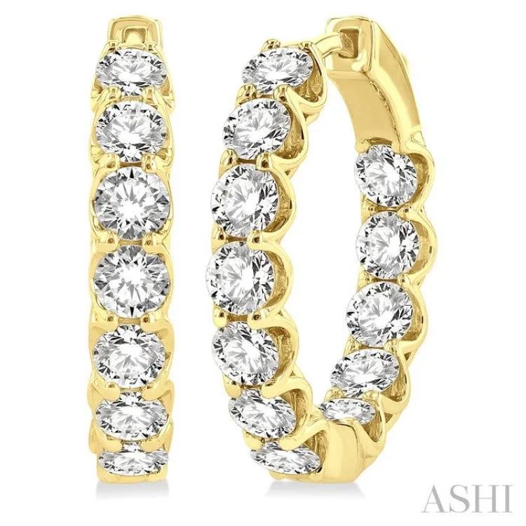 Ladies designer earrings-4 Ctw Inside-Out Round Cut Diamond Hoop Earrings in 14K Yellow Gold