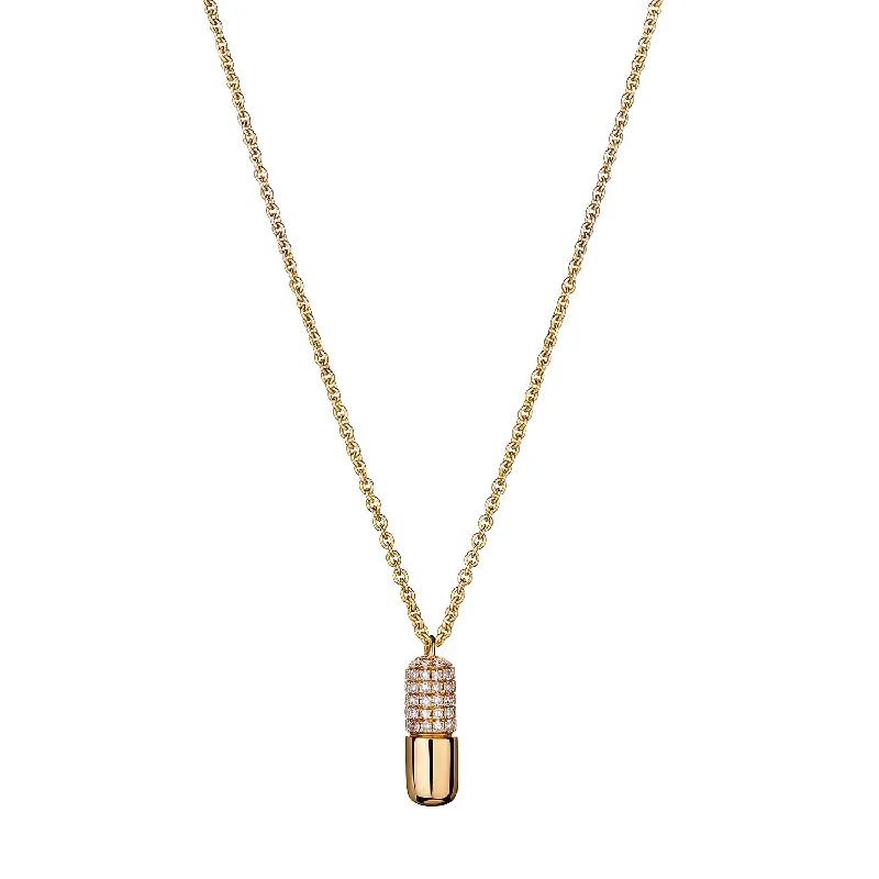 Ladies long gold necklace-HALF PAVÉ DIAMOND PILL NECKLACE