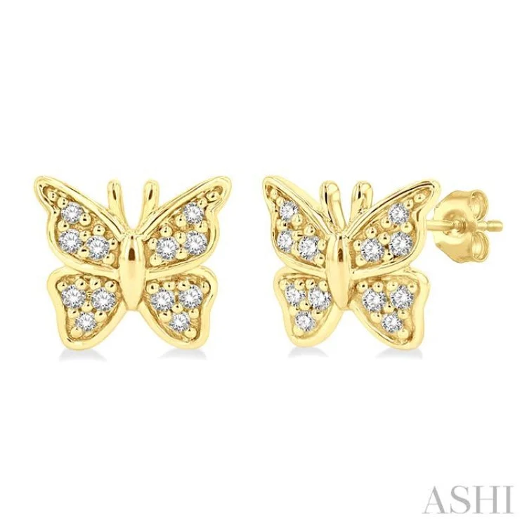 Ladies modern hoop earrings-1/10 ctw Petite Butterfly Round Cut Diamond Fashion Stud Earring in 10K Yellow Gold