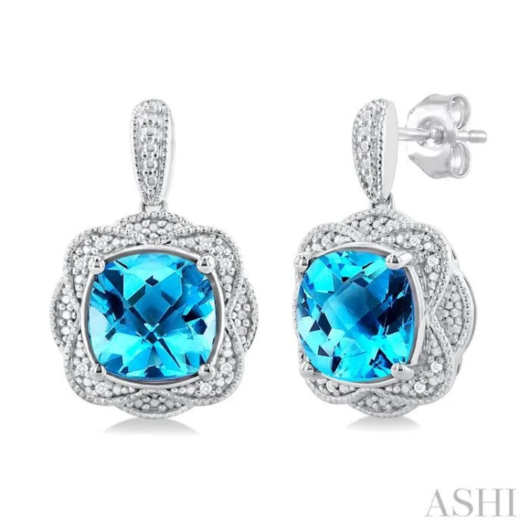 Ladies vintage chandelier earrings-1/20 ctw Cushion Cut 8X8MM Blue Topaz and Round Cut Diamond Semi Precious Earring in Sterling Silver