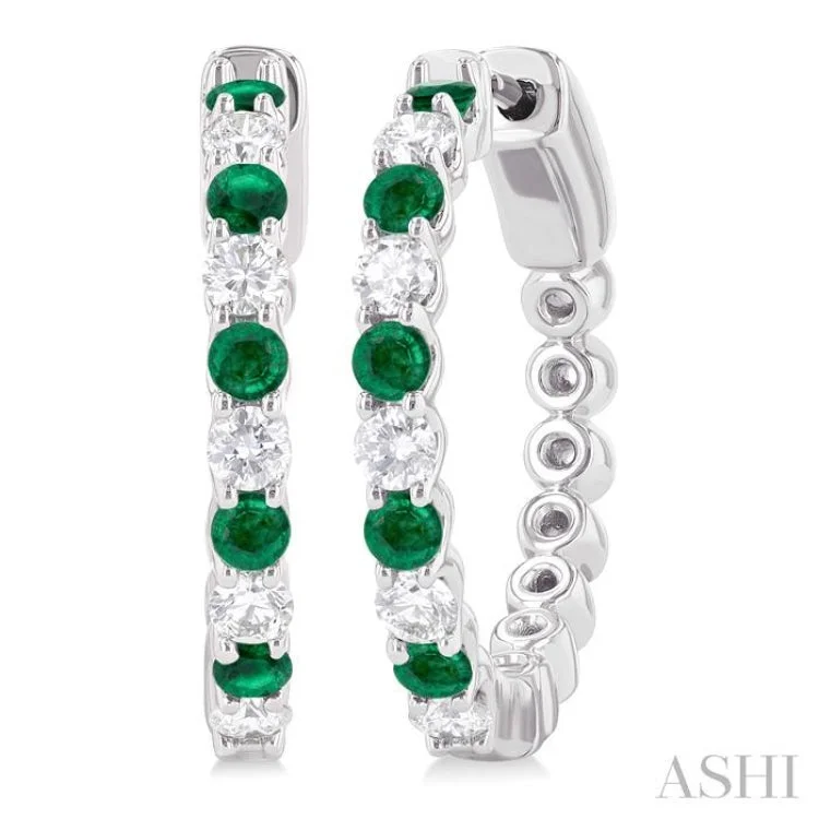 Ladies silver chandelier earrings-5/8 ctw Round 2.4MM Emerald and Round Cut Diamond Precious Hoop Earring in 14K White Gold