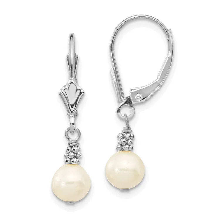 Ladies wedding stud earrings-14k White Gold 5-6mm White Semi-round Freshwater Cultured Pearl Dangle Leverback Earrings