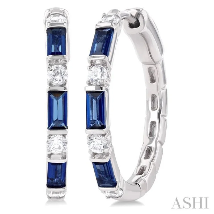 Ladies silver hoop earrings-1/3 ctw Art Deco 4X2MM Baguette Cut Sapphire and Round Cut Diamond Precious Hoop Earring in 14K White Gold