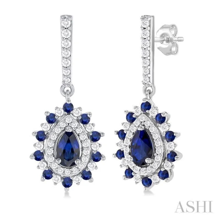 Ladies silver hoop earrings-1/3 ctw 5X3MM & 1.45MM Sapphire and Round Cut Diamond Precious Earring in 14K White Gold