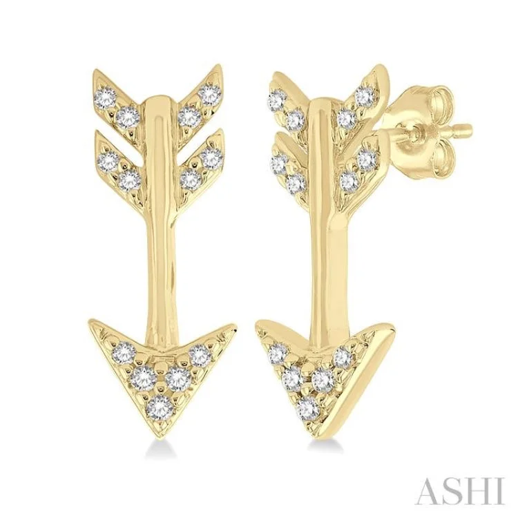 Ladies sapphire stud earrings-1/10 ctw Petite Arrow Round Cut Diamond Fashion Stud Earring in 10K Yellow Gold