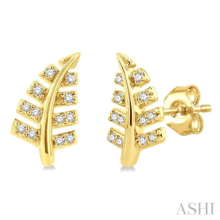 Ladies oversized earrings-1/10 Ctw Fern Leaf Petite Round Cut Diamond Fashion Stud Earring in 10K Yellow Gold