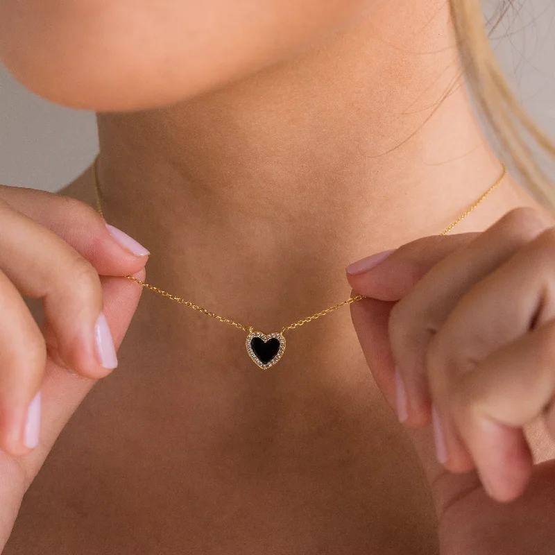 Ladies double-layer necklace-Pave Onyx Heart Necklace