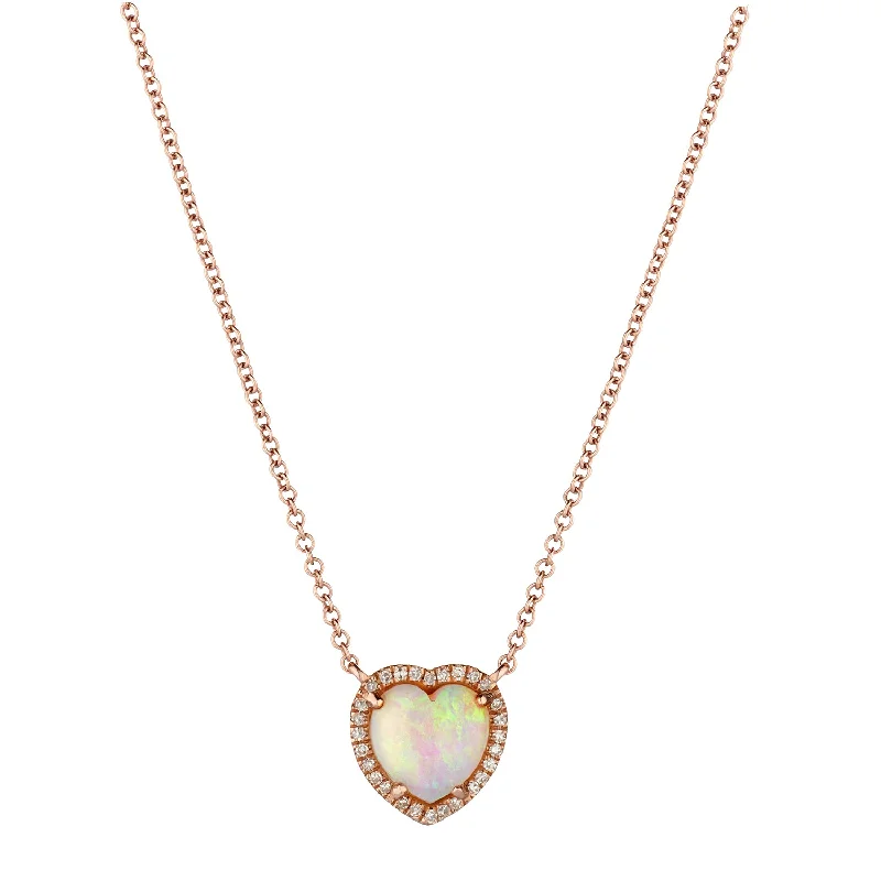 Ladies crystal pendant necklace-HEART SHAPED OPAL & DIAMOND NECKLACE