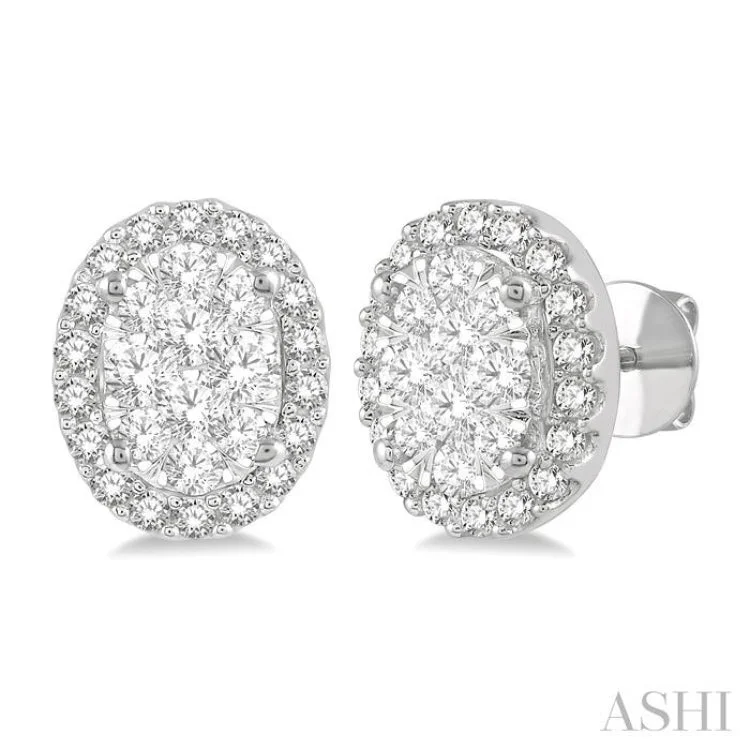 Ladies classic earrings-1/2 Ctw Oval Shape Lovebright Round Cut Diamond Stud Earrings in 14K White Gold