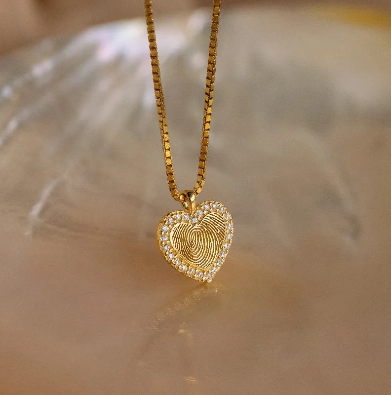 Ladies gold chain with pendant-Pave Fingerprint Heart Necklace