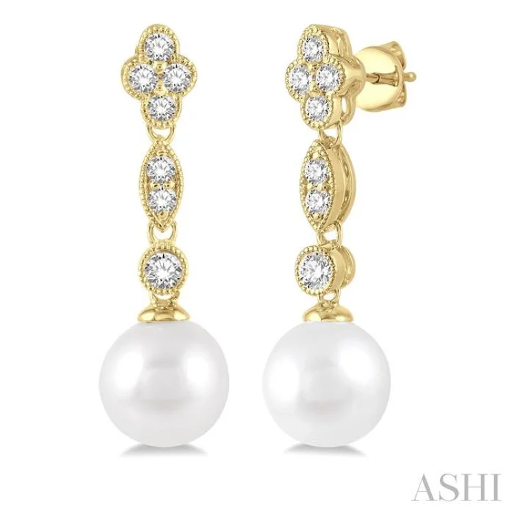 Ladies minimalist earrings-7X7MM Cultured Pearls and 1/3 Ctw Round Cut Diamond Drop Earrings in 14K Yellow Gold