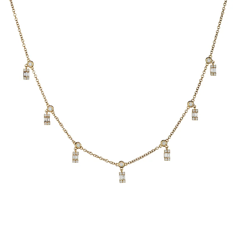 Ladies double-layer necklace-BAGUETTE & ROUND DIAMOND SPRINKLE NECKLACE