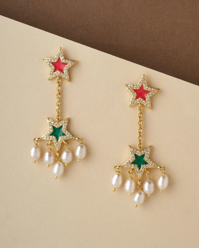 Ladies wedding earrings-Star Dual Hang Pearl Earring