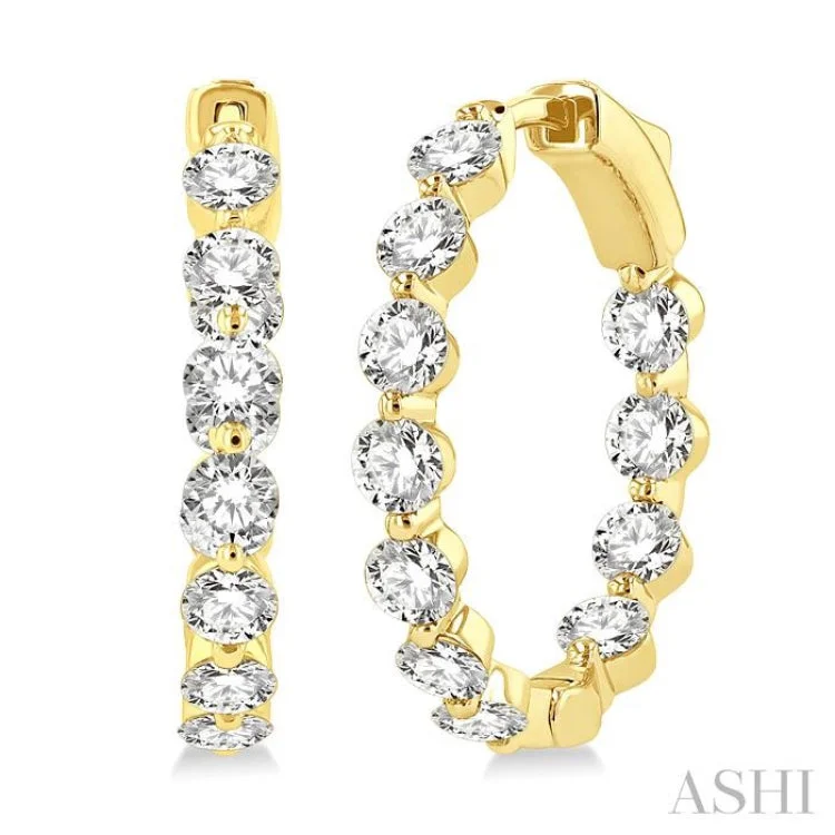 Ladies engagement earrings-3 Ctw Inside-Out Single Prong Set Round Cut Diamond Hoop Earrings in 14K Yellow Gold