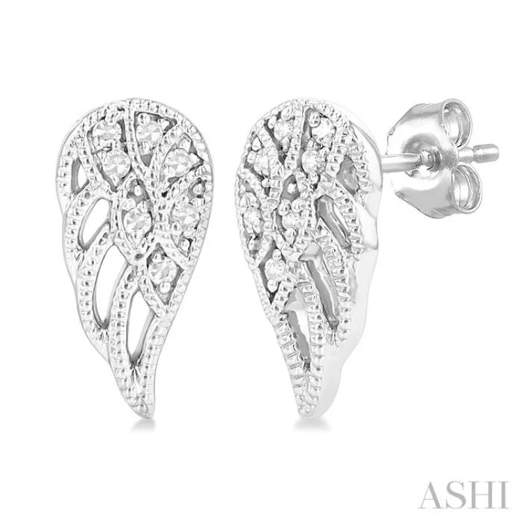 Ladies gemstone hoop earrings-1/20 ctw Petite Angel Wings Round Cut Diamond Fashion Stud Earring in 10K White Gold