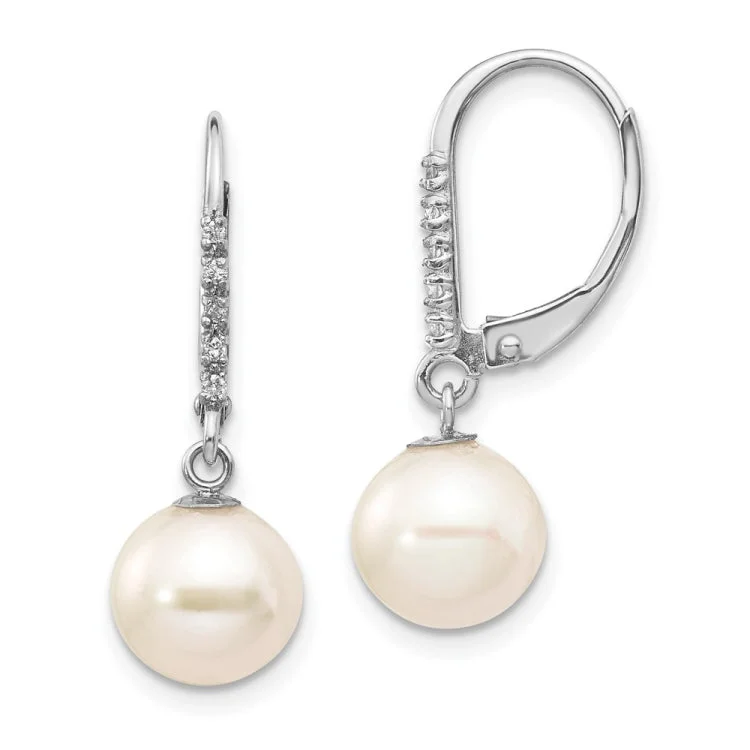 Ladies cubic zirconia earrings-14k White Gold 8-9mm White Round Freshwater Cultured Pearl and .05 Carat Diamond Dangle Leverback Earrings