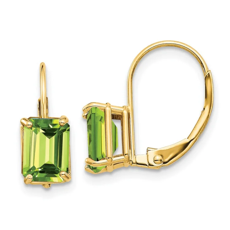 Ladies hoop earrings-14k 7x5mm Emerald Cut Peridot Leverback Earrings