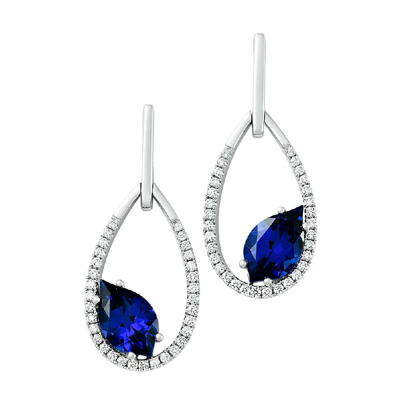 Ladies elegant hoop earrings-14K white gold earrings featuring 10x6mm flame cut Chatham lab grown sapphire with Chatham lab grown diamond accents.