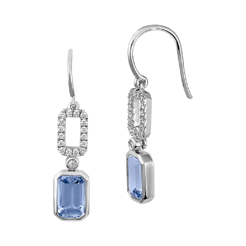 Ladies sparkly earrings-14K white gold earrings featuring emerald-cut Chatham lab grown aqua blue spinel with Chatham lab grown diamond accents.