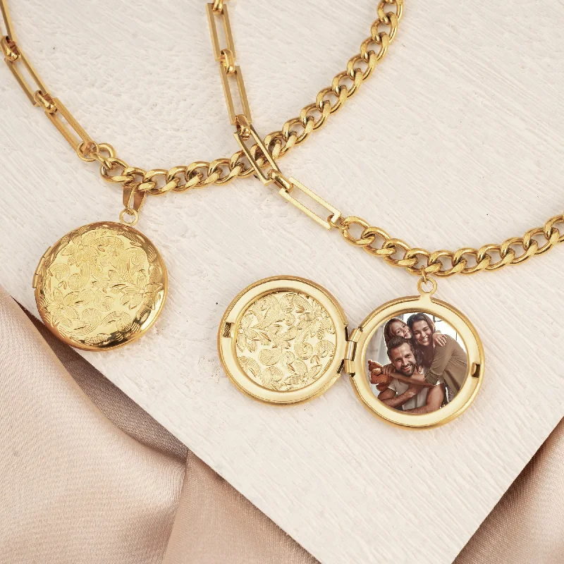 Ladies boho necklace-Engraved Photo Locket Necklace