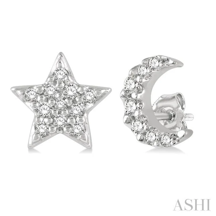 Ladies custom earrings-1/10 Ctw Star & Crescent Mix Round Cut Diamond Petite Fashion Earring in 10K White Gold