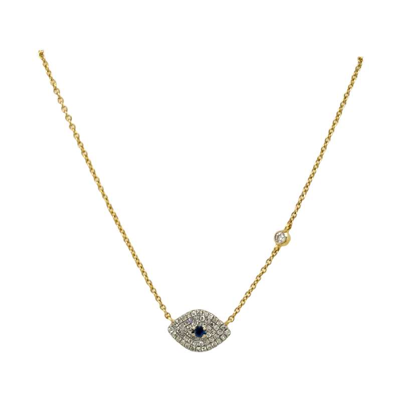 Ladies personalized necklace-BLUE SAPPHIRE & DIAMOND EVIL EYE NECKLACE