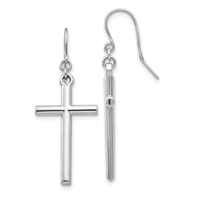 Ladies diamond hoop earrings-14k White Gold Hollow Cross Dangle Earrings