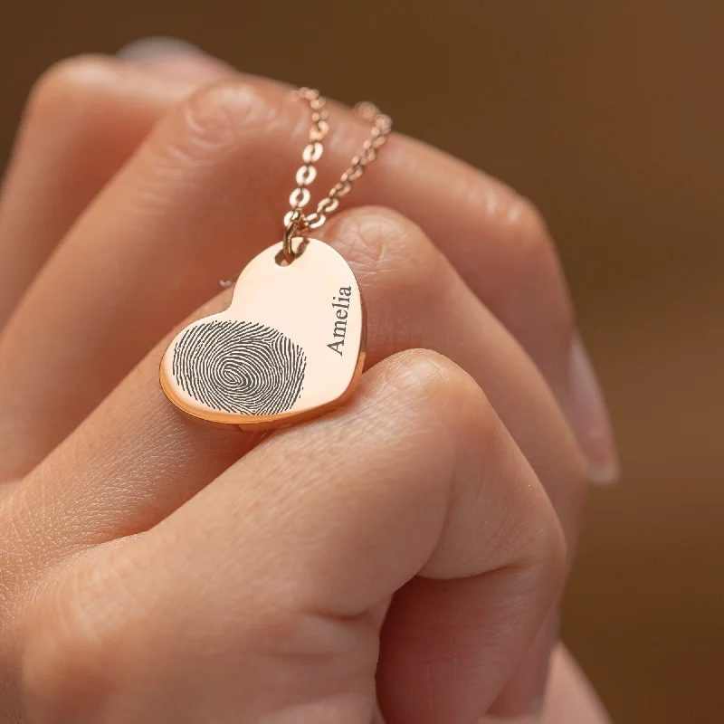 Ladies silver necklace-Heart Fingerprint Name Necklace