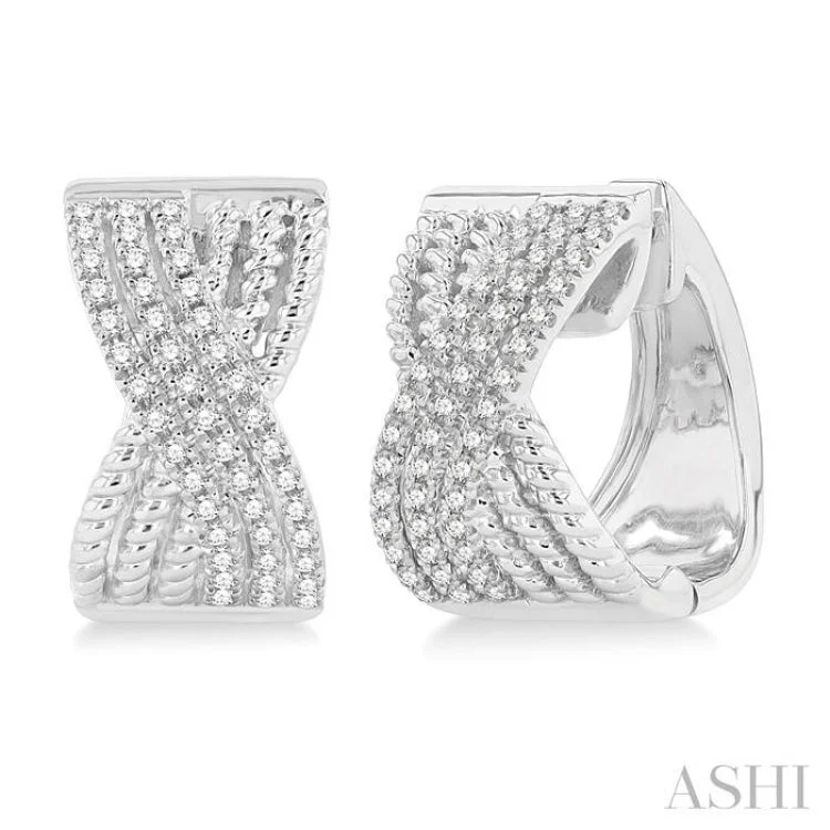 Ladies diamond earrings-1/3 ctw Petite Wide Crisscross Rope and Round Cut Diamond Fashion Huggies in 14K White Gold