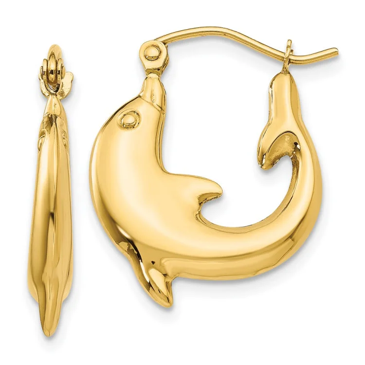 Ladies personalized earrings-14k Polished Dolphin Hoop Earrings